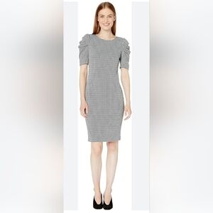 Cavin Klein Gingham Ruffle Puff‎ Sleeve Black & White Vneck Midi Dress 16